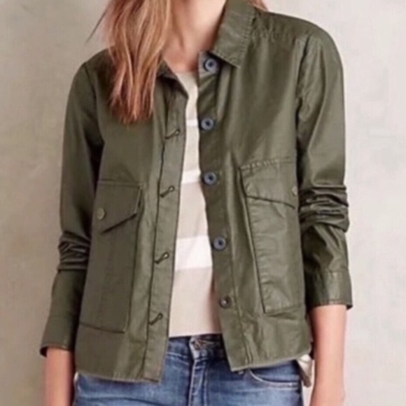 Hei Hei Anthropologie Jacket Small Green Wax Coated Collared Solid Button Long S - Picture 1 of 12